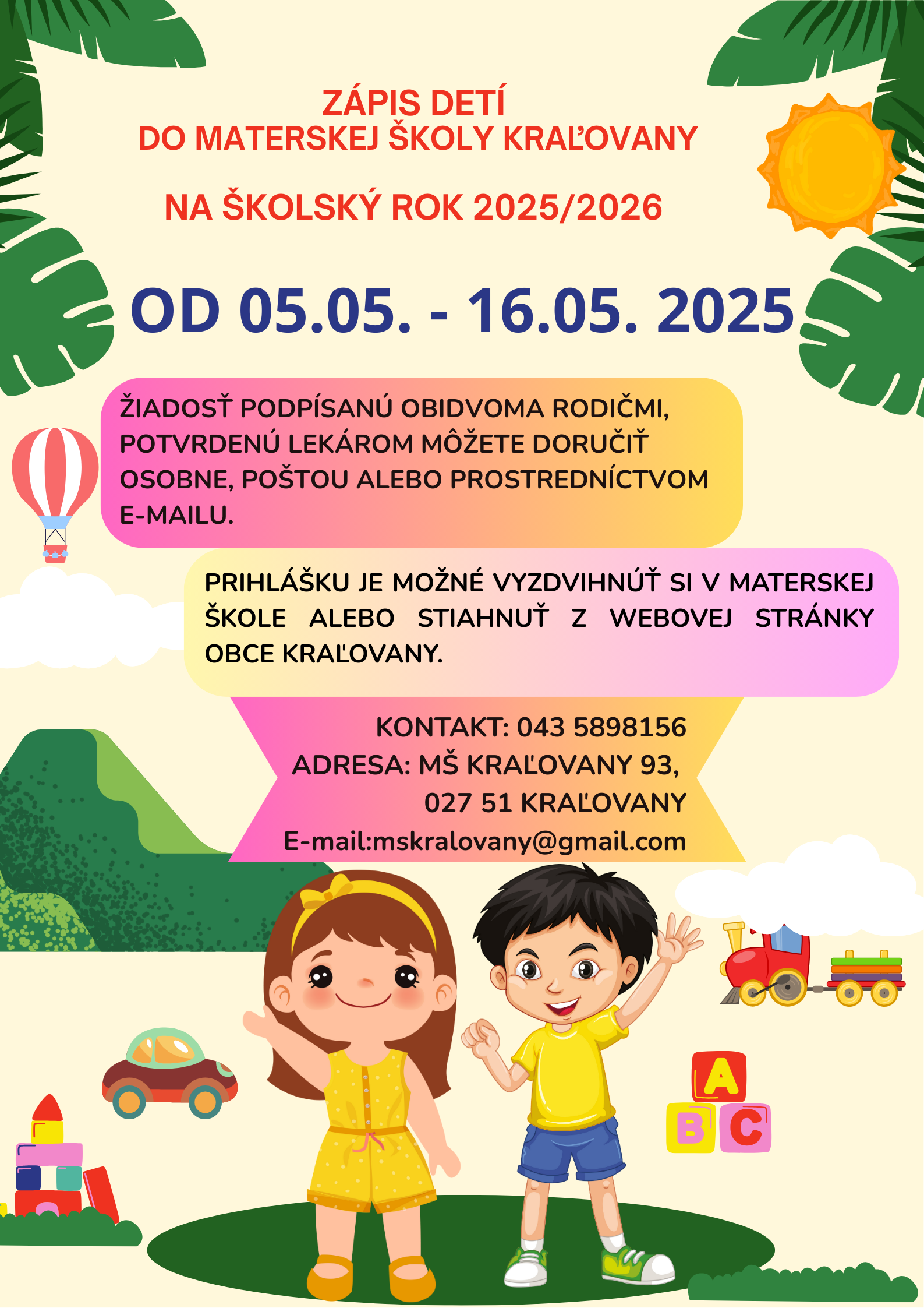 Zápis detí do Materskej školy Kraľovany na školský rok 2025/2026